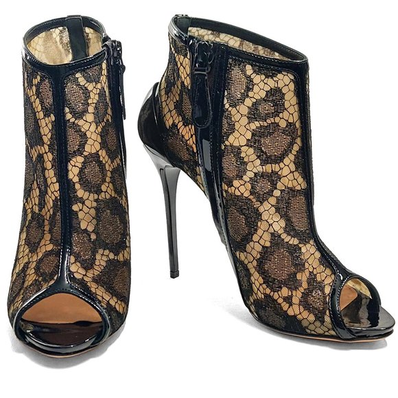 Alexander McQueen Black Lace and Patent Leather Peep Toe Ankle Heeled Booties